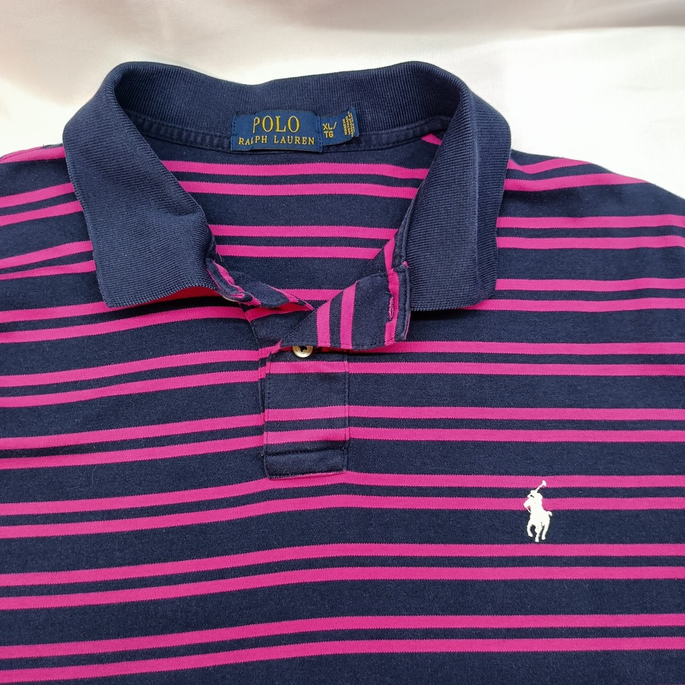 Polo Ralph Lauren Mens XL Polo Shirt Navy Blue Pink Striped Short Sleeve Cotton